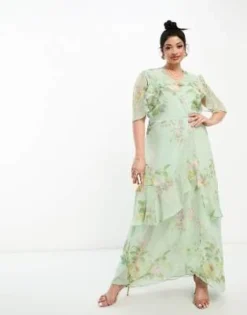 Hope & Ivy Plus - Vestito Lungo A Balze Verde Salvia A Portafoglio Con Volant -Vendite ASOS Maternity || RIVER ISLAND || Monki 204656732 3