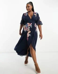 Hope & Ivy Plus - Vestito Da Giorno Midi Con Maniche A Sbuffo E Ricami Blu Navy