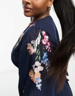 Hope & Ivy Plus - Vestito Da Giorno Midi Con Maniche A Sbuffo E Ricami Blu Navy -Vendite ASOS Maternity || RIVER ISLAND || Monki 204656770 4