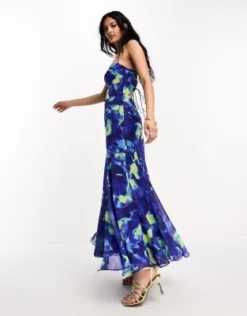 ASOS DESIGN - Vestito Midi Allacciato Al Collo Blu Con Stampa Effetto Acquerello E Fibbia In Pietra -Vendite ASOS Maternity || RIVER ISLAND || Monki 204660253 4