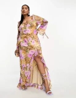 ASOS DESIGN Curve - Vestito Lungo Con Stampa Animalier E A Fiori Mista Con Volant E Apertura A Goccia