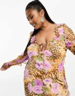 ASOS DESIGN Curve - Vestito Lungo Con Stampa Animalier E A Fiori Mista Con Volant E Apertura A Goccia -Vendite ASOS Maternity || RIVER ISLAND || Monki 204660273 3
