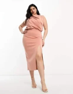 ASOS DESIGN Curve - Vestito Midi Marrone Cammello Accollato Drappeggiato Stretto In Vita