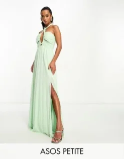 ASOS DESIGN Petite - Vestito Lungo In Rete Allacciato Al Collo Verde Salvia