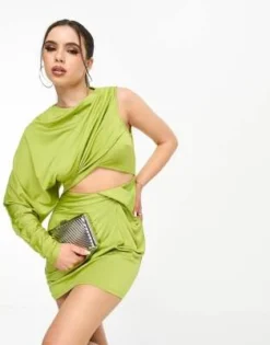 ASOS DESIGN Petite - Vestito Corto Sinuoso In Due Pezzi Monospalla Drappeggiato Verde -Vendite ASOS Maternity || RIVER ISLAND || Monki 204662954 4