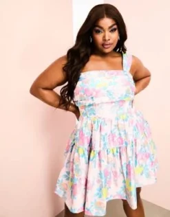 ASOS LUXE - Vestito Corto Skater In Jacquard Blu E Rosa