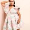 ASOS LUXE Curve - Vestito A Palloncino Rosa A Fiori Jacquard Con Scollo Profondo