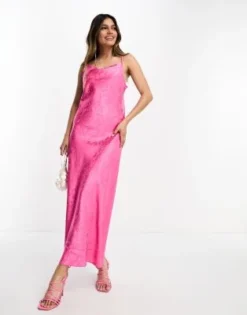Y.A.S - Vestito Midi Con Spalline Sottili In Raso Jacquard Rosa Da Damigella