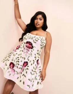 ASOS LUXE Curve - Vestito Corto Da Cerimonia Con Paillettes E Fiori Multicolore