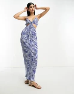 ASOS DESIGN - Vestito Midi Plissé Blu Zebrato Con Fascette Sottili E Cut-out