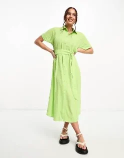 Monki - Vestito Camicia Midi Allacciato In Vita Verde