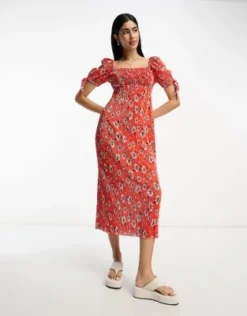 ASOS DESIGN - Vestito Midi Plissé Con Scollo Squadrato E Maniche A Sbuffo Rosso A Fiori