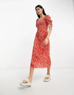 ASOS DESIGN - Vestito Midi Plissé Con Scollo Squadrato E Maniche A Sbuffo Rosso A Fiori -Vendite ASOS Maternity || RIVER ISLAND || Monki 204687972 4