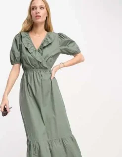 River Island - Vestito Midi Kaki In Popeline Con Volant Sul Davanti -Vendite ASOS Maternity || RIVER ISLAND || Monki 204695000 4