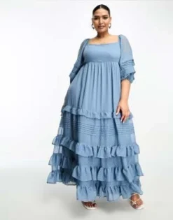 ASOS DESIGN Curve - Vestito Lungo Blu Crepuscolare Plumetis Con Pinces E Volant Sul Fondo -Vendite ASOS Maternity || RIVER ISLAND || Monki 204700908 3