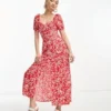 & Other Stories - Vestito Midi Rosso A Fiori Con Maniche A Sbuffo
