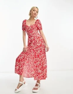 & Other Stories - Vestito Midi Rosso A Fiori Con Maniche A Sbuffo