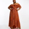 ASOS DESIGN Curve - Vestito Midi Con Spalle Scoperte E Volant Color Ruggine Con Decorazioni E Cut-out
