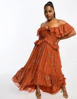 ASOS DESIGN Curve - Vestito Midi Con Spalle Scoperte E Volant Color Ruggine Con Decorazioni E Cut-out -Vendite ASOS Maternity || RIVER ISLAND || Monki 204704657 3