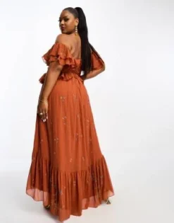 ASOS DESIGN Curve - Vestito Midi Con Spalle Scoperte E Volant Color Ruggine Con Decorazioni E Cut-out -Vendite ASOS Maternity || RIVER ISLAND || Monki 204704657 4