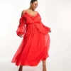 ASOS DESIGN Curve - Vestito Midi Rosso Con Spalle Scoperte E Volant