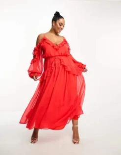 ASOS DESIGN Curve - Vestito Midi Rosso Con Spalle Scoperte E Volant