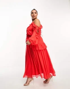ASOS DESIGN Curve - Vestito Midi Rosso Con Spalle Scoperte E Volant -Vendite ASOS Maternity || RIVER ISLAND || Monki 204704677 4