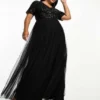 Maya Plus Bridesmaid - Vestito Lungo Da Damigella In Tulle Nero A Maniche Corte Con Paillettes Delicate Tono Su Tono