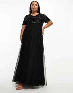 Maya Plus Bridesmaid - Vestito Lungo Da Damigella In Tulle Nero A Maniche Corte Con Paillettes Delicate Tono Su Tono -Vendite ASOS Maternity || RIVER ISLAND || Monki 204710324 3