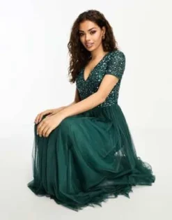 Maya Petite - Vestito Lungo In Tulle A Maniche Corte Con Delicate Paillettes Tono Su Tono Verde Smeraldo -Vendite ASOS Maternity || RIVER ISLAND || Monki 204715479 3