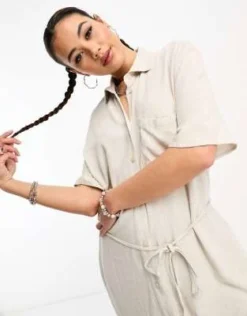 Weekday - Corin - Vestito Camicia Midi In Misto Lino Bianco Sporco -Vendite ASOS Maternity || RIVER ISLAND || Monki 204719301 4