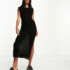 ASOS DESIGN Petite - Vestito Midi Comodo In Maglia Nero A Coste