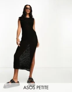 ASOS DESIGN Petite - Vestito Midi Comodo In Maglia Nero A Coste