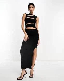 ASOS DESIGN - Vestito Midi Accollato In Tessuto Nero Con Intagli