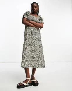 Wednesday's Girl - Vestito Al Polpaccio Con Bustino Arricciato E Stampa Leopardata A Fiori Beige