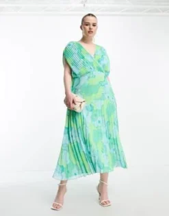 ASOS DESIGN Curve - Vestito Midi Con Scollo A V Blu A Fiori Con Corpino A Pieghe E Fondo A Balze