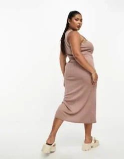 River Island Plus - Vestito Midi Fasciante Color Visone A Coste Con Scollo A Vogatore -Vendite ASOS Maternity || RIVER ISLAND || Monki 204735802 3