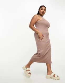 River Island Plus - Vestito Midi Fasciante Color Visone A Coste Con Scollo A Vogatore -Vendite ASOS Maternity || RIVER ISLAND || Monki 204735802 4