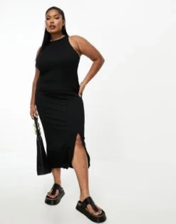 River Island Plus - Vestito Midi Nero A Coste Con Scollo A Vogatore