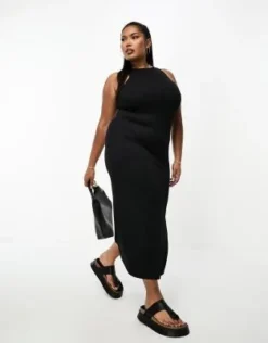 River Island Plus - Vestito Midi Nero A Coste Con Scollo A Vogatore -Vendite ASOS Maternity || RIVER ISLAND || Monki 204735830 3