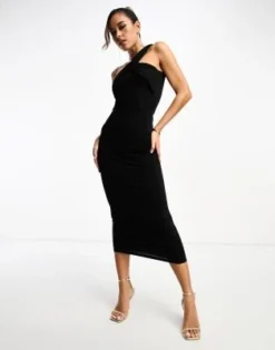 ASOS DESIGN - Vestito Midi Monospalla Con Incrocio Nero