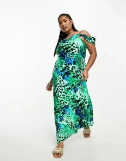 River Island Plus - Vestito Midi In Raso Verde Animalier Con Scollo Ad Anello E Maniche Drappeggiate -Vendite ASOS Maternity || RIVER ISLAND || Monki 204752373 3