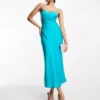 ASOS DESIGN - Vestito Midi Con Spalline Sottili Elasticizzato In Raso Turchese Con Schiena Scoperta
