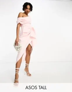 ASOS DESIGN Tall - Vestito Longuette Midi Con Spalla Scesa E Dettaglio Raccolto Rosa Confetto