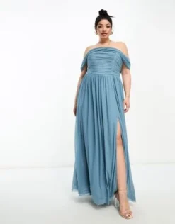 Little Mistress Plus - Vestito Lungo Da Damigella In Rete Blu Raccolta Con Scollo Bardot -Vendite ASOS Maternity || RIVER ISLAND || Monki 204759784 4