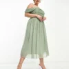 Little Mistress Plus - Vestito Midi Da Damigella In Rete Verde Salvia Con Scollo Bardot