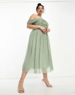 Little Mistress Plus - Vestito Midi Da Damigella In Rete Verde Salvia Con Scollo Bardot