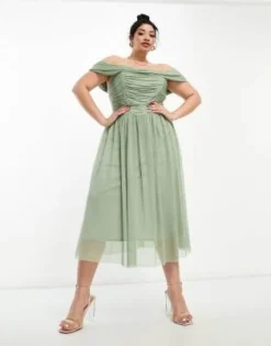 Little Mistress Plus - Vestito Midi Da Damigella In Rete Verde Salvia Con Scollo Bardot -Vendite ASOS Maternity || RIVER ISLAND || Monki 204759840 3