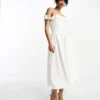 Little Mistress - Vestito Midi Bianco Con Gonna A Ruota E Scollo Alla Bardot