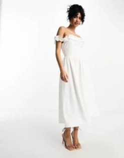 Little Mistress - Vestito Midi Bianco Con Gonna A Ruota E Scollo Alla Bardot